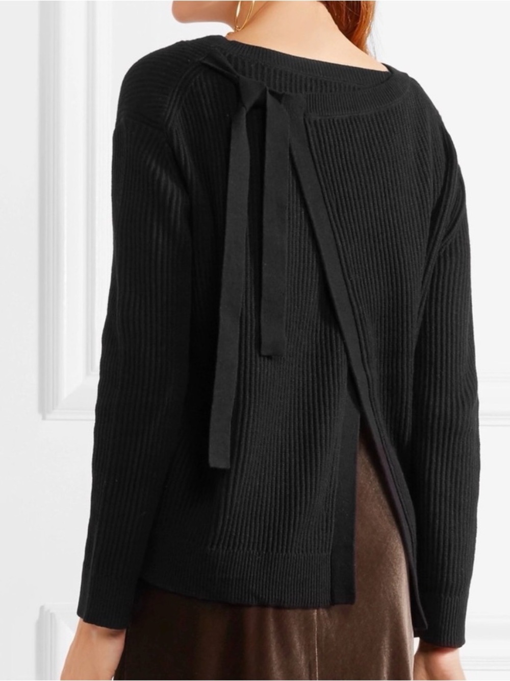 NWOT Vince Black Cotton Cashmere Ribbed Knit Crossover Tie Shoulder Sweater M